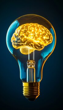 Realistic image of a yellow lightbulb with an illuminated brain on a dark blue background.