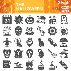 Halloween symbols collection or sketches. Party bar theme icons in glyph style signs for web and app. Vector graphics isolated on white background.