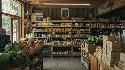 Fototapeta premium Rustic Grocery Store Interior with Fresh Produce and Shelves