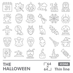 Fototapeta premium Halloween symbols collection or sketches. Party theme icons in thin line style signs for web and app. Vector graphics isolated on white background.