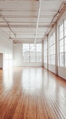 Obraz premium Bright and Spacious Empty Room with Large Windows and Wooden Floor