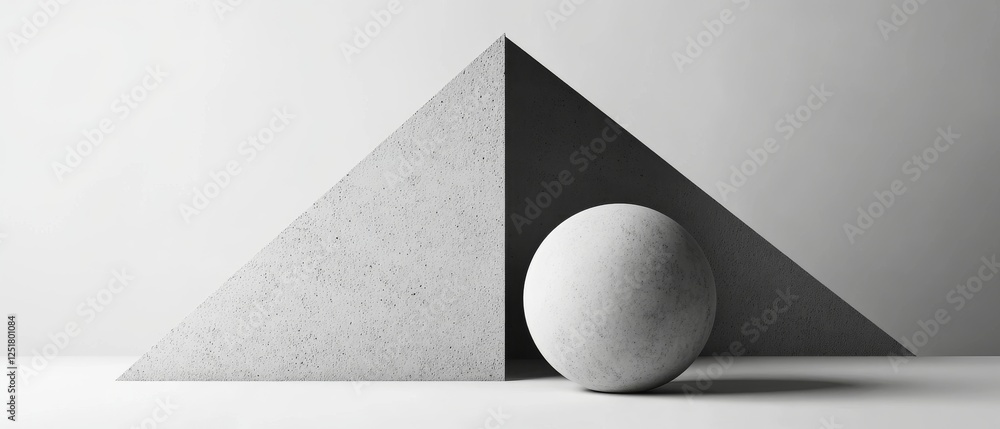 Poster minimalist geometric shapes create striking composition with triangle and sphere. textures and shado