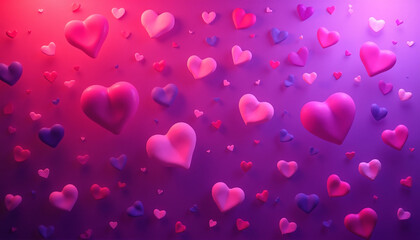 Colorful abstract background with floating hearts in shades of pink and purple for Valentine's Day, copy space