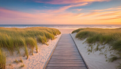 Obraz premium Beach Sunset Scenic Ocean View with Wooden Boardwalk