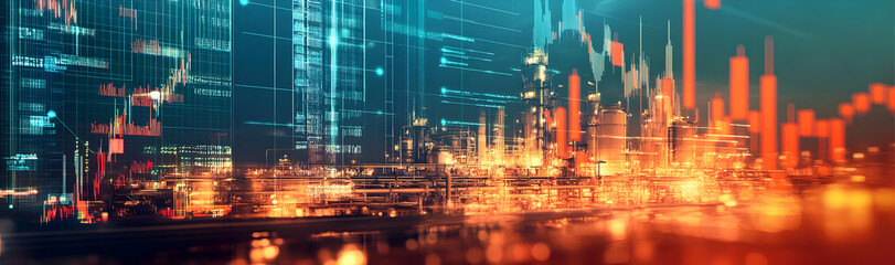 Industrial banner of an oil and gas refinery with storage tanks, overlaid with price charts and energy concepts AI Generated