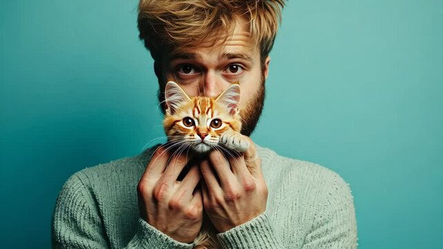 Young man holding cute kitten against blue background, facial expression suggests discomfort, allergic reaction concept