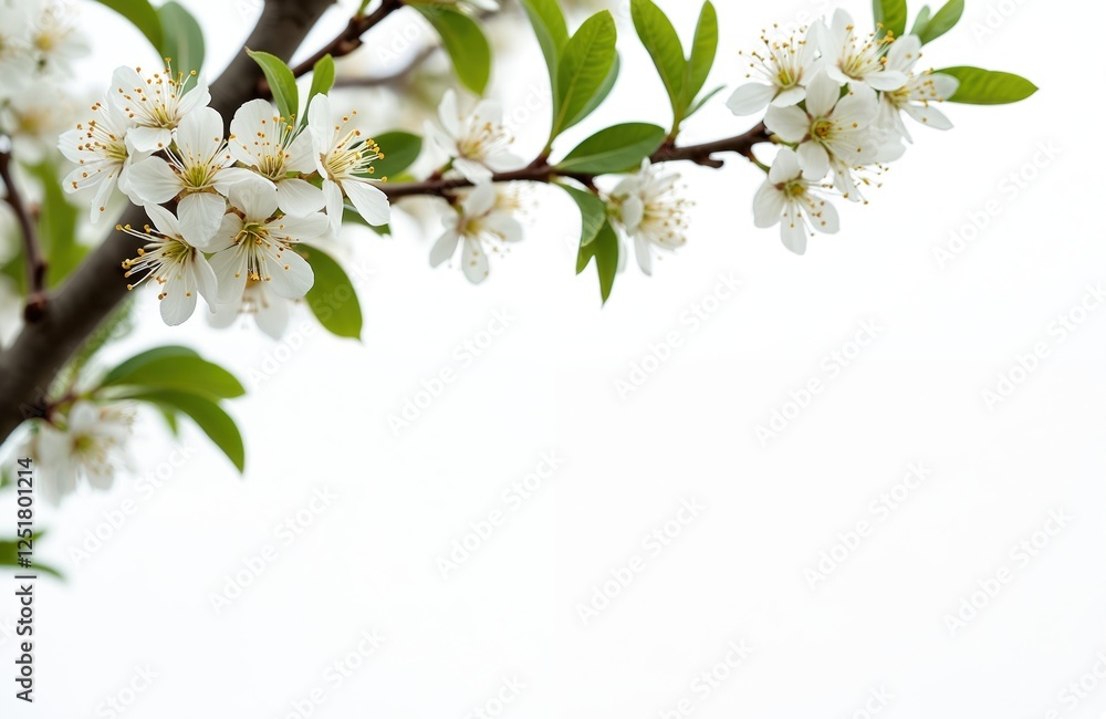 Poster white almond flower branch with green leaves on light background. spring bloom is symbol of romance 