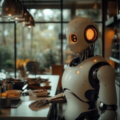 Fototapeta premium Friendly Robot Interacting in Cozy Modern Café Setting