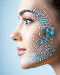 A futuristic smart mirror displaying an AI-powered skincare analysis interface, showing hydration levels and skin texture improvement over time