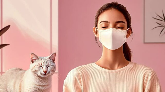 Woman wearing mask with cat nearby in sunlit room, concept of pet allergy