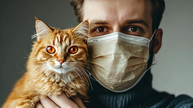 Young man wearing mask holding ginger cat, illustrating pet allergy symptoms and protection