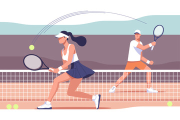 Tennis match. Popular sport. A man and woman compete in a tennis match. The court is sunny and vibrant. Vector illustration in a minimalistic style.