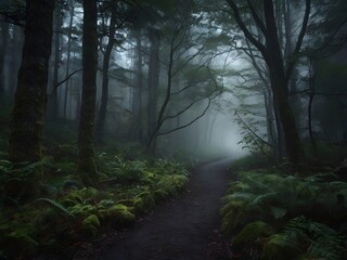 Fototapeta premium Misty Forest Path Green Ferns Foggy Woods Nature Trail