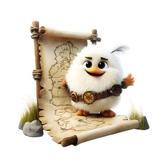 Fluffy 3D Cartoon Character Sitting on a Scroll Isolated on Transparent Background