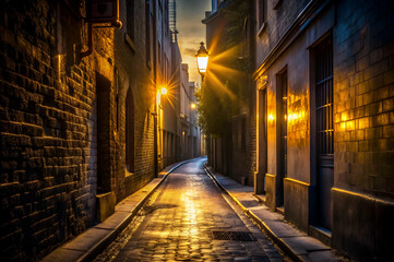Obraz premium Cityscapes Photography, A narrow, illuminated alleyway at dusk, featuring vintage lanterns and cobblestone streets, evoking a serene yet mysterious atmosphere.