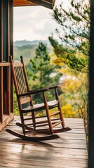 Serene Wooden Rocking Chair on a Cabin Porch Overlooking Nature