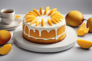 Delicious Mango Cake Served on a White Plate, Isolated on a Clean Background, Generative AI