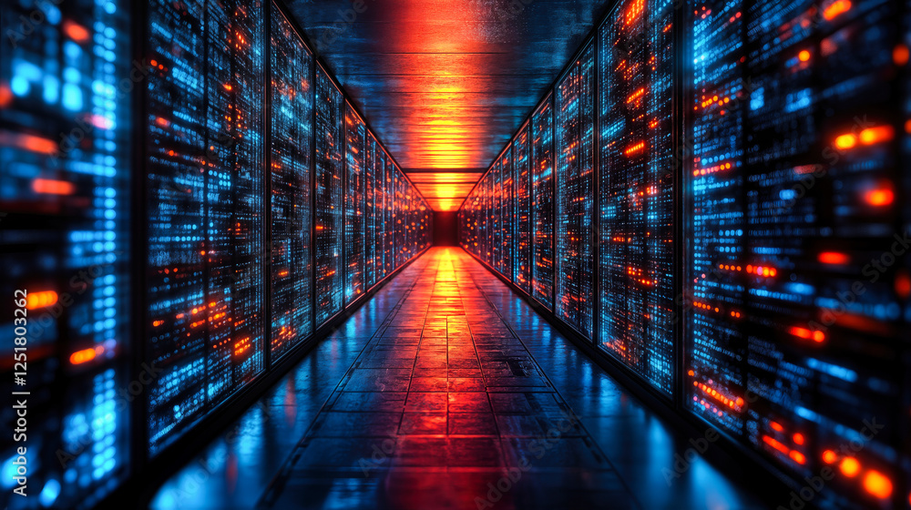 Poster expansive data center corridor with illuminated servers showcasing big data technology and scalable 