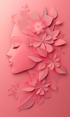 Stylized Woman’s Profile with Pink Flowers on Soft Pink Background

