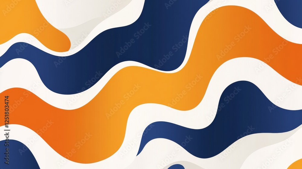 Poster abstract design featuring flowing waves in orange, navy, and white colors, creating dynamic visual e