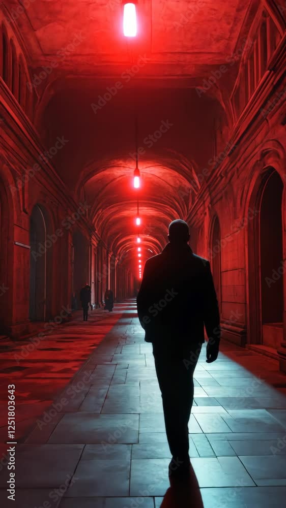 Poster mysterious figure walking through a dimly lit red corridor in an ancient building at dusk