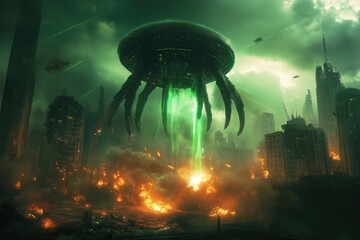 Alien Invasion: Apocalyptic Cityscape, Giant Ships, and Human Resistance