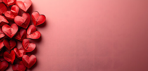 Decorative red heart shapes scattered on a soft pink background for romantic occasions and celebrations