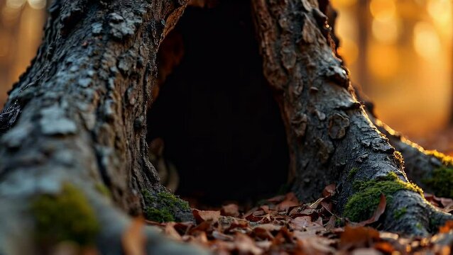 Small Animal Hiding in Tree Hollow Amidst Autumn Leaves Calmly Looking