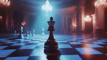 A striking chessboard displaying a king piece, symbolizing strategy, success, and intricate details