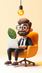 Innovative 3D cartoon businessman seated in an armchair with a laptop and lightbulb overhead, symbolizing creative ideas AI Generated