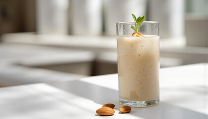 Creamy almond milk smoothie on kitchen counter, healthy lifestyle