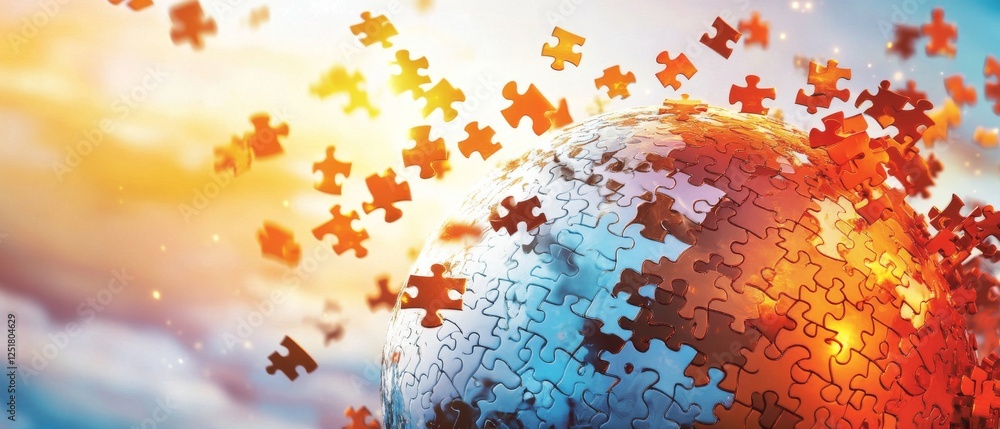 Poster digital artwork of globe made of puzzle pieces, symbolizing unity and connection. vibrant colors cre