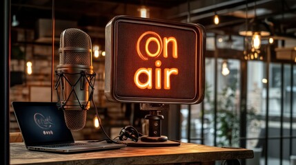 Studio podcast recording, on-air sign, laptop, lights