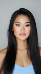Naklejka premium Beauty photoshoot featuring an Asian woman with long black hair in light blue against a solid background showcasing her captivating features