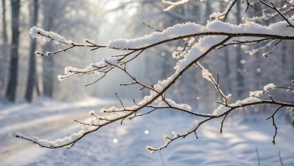 Snow-covered branches glistening in the sunlight