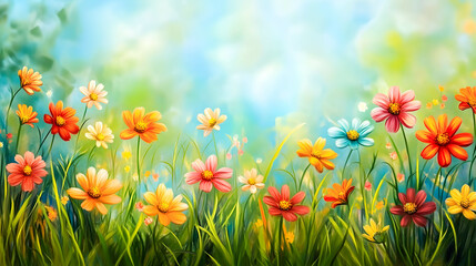 Naklejka premium Vibrant Floral Background with Colorful Flowers and Soft Blur Effect