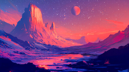 A stunning exoplanet landscape with towering mountains, vibrant red and orange hues of the surface, rivers meandering through canyons under a starry sky