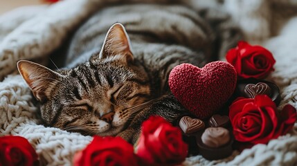 Sleepy cat with roses and chocolates, Valentine's Day, cozy scene, home