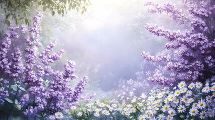 Fototapeta premium Peaceful Floral Landscape with Purple Flowers and White Daisies