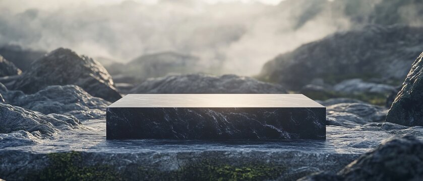 Luxury Stone Podium in Rugged Rocky Terrain with Sunrays and Fog. Copy space. Generative AI