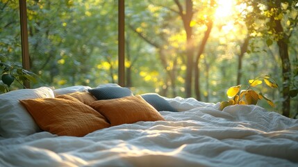 Sunlit bedroom, forest view, linen bedding, peaceful morning