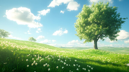 Fototapeta premium Peaceful Green Meadow with Blossoming Flowers and Blue Sky