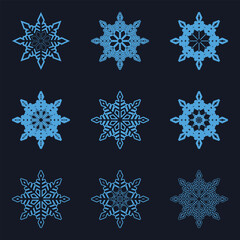 Snowflakes big set icons. Flake crystal silhouette collection. Happy new year, xmas, Christmas. Snow vector set, Snowflake symbols. Snow icon. Christmas icon set. Vector illustration.