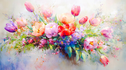 Colorful Floral Arrangement with Bright Tulips and Peonies in Bloom