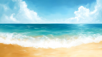 Serene Ocean Waves Lapping on a Golden Sandy Beach Under Blue Sky