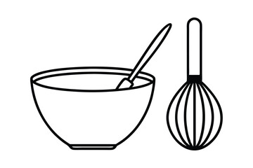 Line art drawing of a whisk and mixing bowl vector illustration.eps