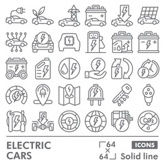 Fototapeta premium Electric car symbols collection or sketches. EV energy theme icons in linear style signs for web and app. Vector graphics isolated on white background.