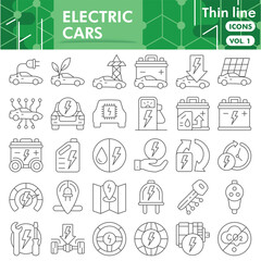 Electric car symbols collection or sketches. EV energy bar theme icons in thin line style signs for web and app. Vector graphics isolated on white background.