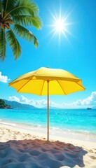 Fototapeta premium Yellow beach umbrella, dazzling sun, cloudless blue sky, cheerful, blue, sky