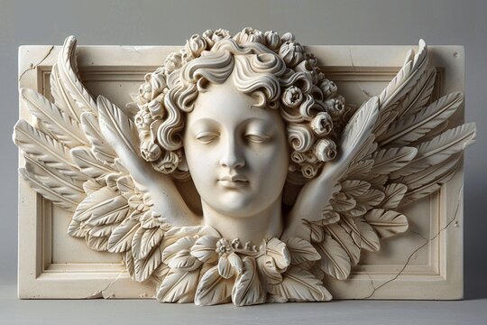 Serene angel head wall sculpture, a timeless piece of art that adds a touch of elegance to any space.  The intricate detailing is breathtaking.